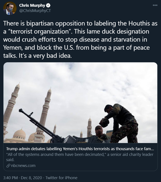THREAD1) @ChrisMurphyCT opposes designating  #Iran-backed Houthi militias as a terrorist orgNote:-Iran provides at least $360 million+ballistic missiles to Houthis-Houthis' slogan"Death to America""Death to Israel""Curse upon the Jews"-Murphy secretly met with  @JZarif