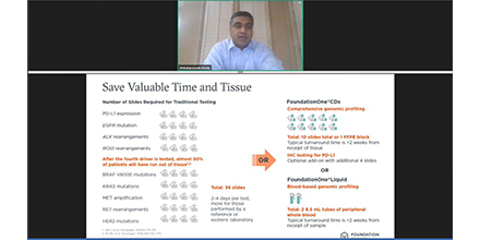 AMSUS's tweet photo. Dr. Prasanth Reddy with @FoundationATCG  is providing in-depth information about liquid biopsy testing, efficient use of tissue samples &amp; clinical workflows to get the best information possible for comprehensive genomic profiling. https://t.co/4xI6UhvGYa #amsus2020 #oncology https://t.co/EY6qG9lXqn