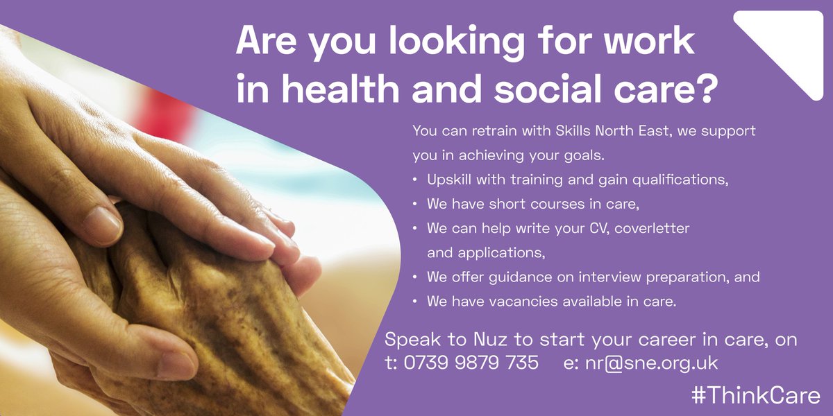 SkillsNELtd's tweet photo. Train with Skills North East in care, speak to Nuz who can help you back into employment with up skilling, advice and vacancies. Call on 0739 9879 735.
#SkillsNorthEast #ThinkCare @JCPinDurhamTees https://t.co/0KRglm9N3a