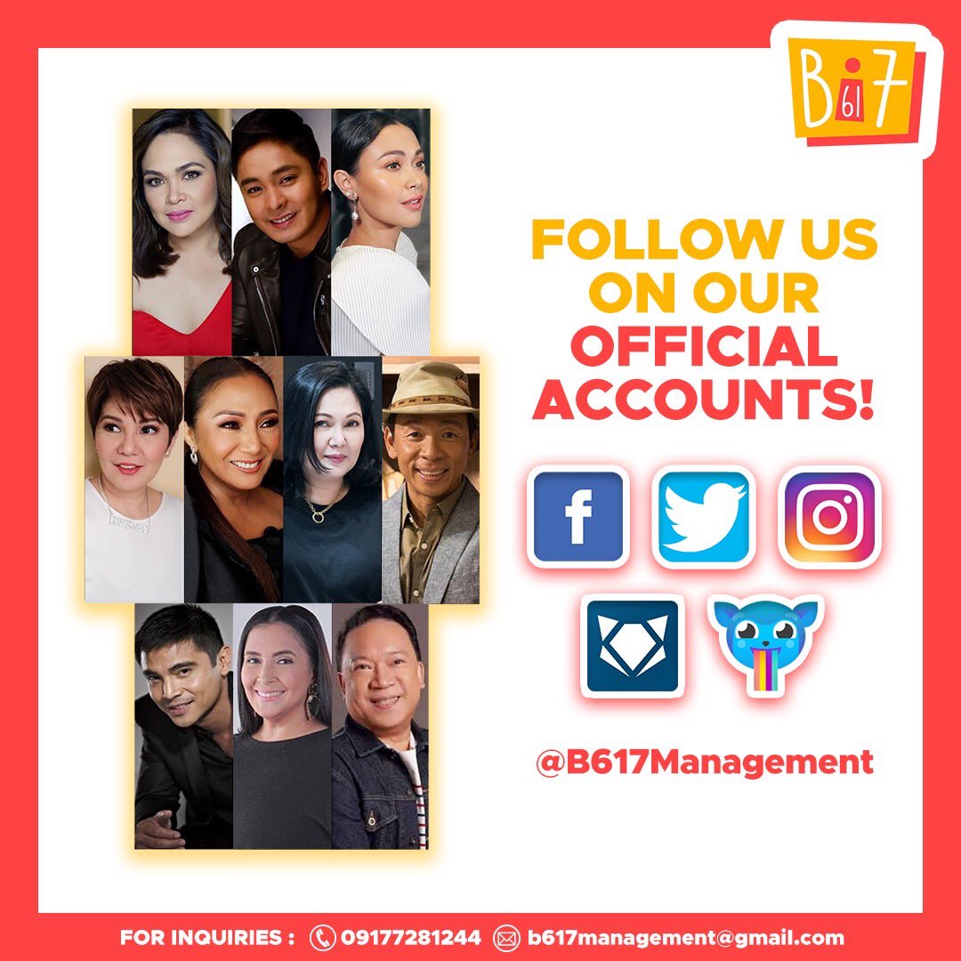 Follow us on our Official Accounts: B617 Management 

Thank you everyone! ❤️ 

#JudyAnnSantos 
#CocoMartin 
#JodiStaMaria 
#AmyPerezCastillo 
#CherryPiePicache 
#MaricelSoriano 
#KuyaKimAtienza 
#MarvinAgustin 
#BingLoyzaga 
#RoderickPaulate 
#B617