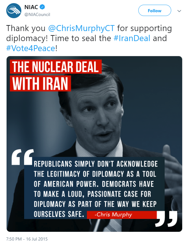 5)In return, NIAC is very fond of Murphy for his staunch support of Obama's highly flawed 2015 Iran nuclear deal.The same deal that provided Iran access to billions that were used to fuel terrorism.Even John Kerry acknowledged it. https://edition.cnn.com/2016/01/21/politics/john-kerry-money-iran-sanctions-terrorism/index.html