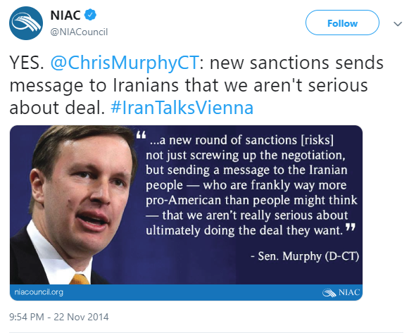 5)In return, NIAC is very fond of Murphy for his staunch support of Obama's highly flawed 2015 Iran nuclear deal.The same deal that provided Iran access to billions that were used to fuel terrorism.Even John Kerry acknowledged it. https://edition.cnn.com/2016/01/21/politics/john-kerry-money-iran-sanctions-terrorism/index.html