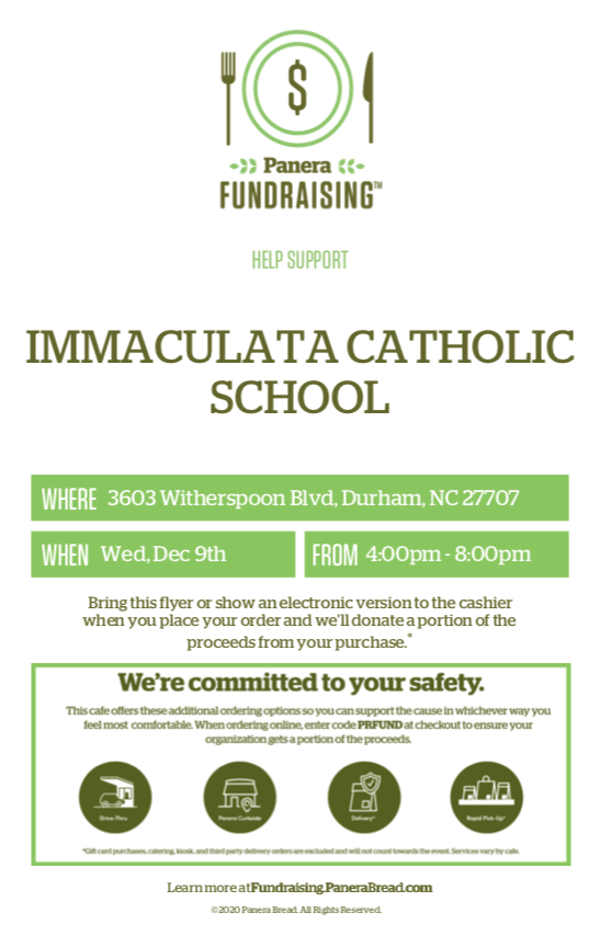 Spirit Night @ Panera TONIGHT!

Wednesday, December 9, 4:00-8:00pm
Witherspoon Blvd, Durham

Use code PRFUND for online orders or mention ICS in person, and a portion of your sales will go toward our tuition assistance fund!