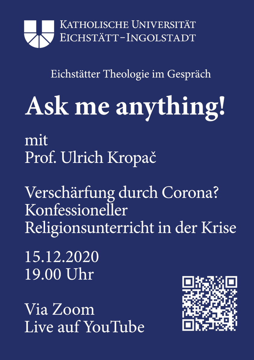 Unser "Ask me anything"-Format geht in die zweite Runde. Diesmal spricht Prof. Kropac über den konfessionellen Religionsunterricht in der Krise. Nach kurzer Einführung steht er für alle Fragen zur Verfügung.
Teilnahme und Fragen über ZOOM und YouTube.
ku.de/thf/aktuelles/…
