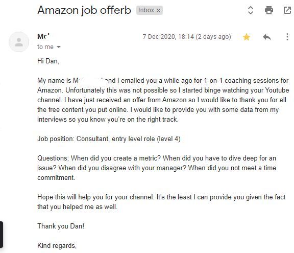 danccroitor's tweet photo. My name is [] and I emailed you a while ago for 1-on-1 coaching sessions for Amazon. Unfortunately this was not possible so I started binge watching your Youtube channel. I have just received an offer from Amazon [..]

Job position: Consultant, entry level role (level 4) [..] https://t.co/fmtB3F2isv