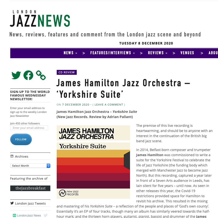 Huge thanks to <a href="/LondonJazz/">UK Jazz News</a>  and <a href="/AdrianPallant/">Adrian Pallant</a> for this ace review of Yorkshire Suite.

londonjazznews.com/2020/12/07/jam…

#jazzreviews #jazz #bigband #jazzorchestra #composer #newmusic