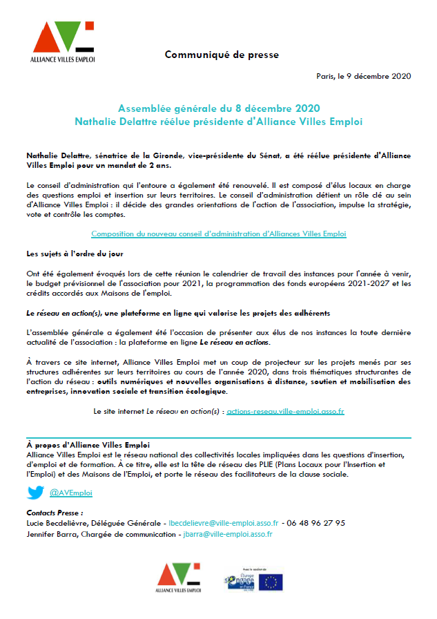 AVEmploi's tweet photo. @AVEmploi a élu hier matin son nouveau conseil d’administration.
🗳️@n_delattre a été réélue à la présidence. 
👏 Un grand merci à l’ensemble des membres de l'AG et félicitations aux nouveaux administrateurs ! 
𝗖𝗼𝗺𝗺𝘂𝗻𝗶𝗾𝘂𝗲́ 𝗱𝗲 𝗽𝗿𝗲𝘀𝘀𝗲 👉https://t.co/bZS2RKDH5T https://t.co/2J5mhNq5cL