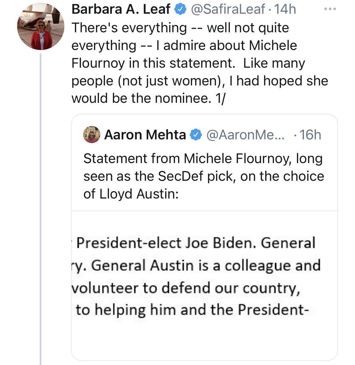 الي جانب وجود فريق كبير داخل مجتمع خبراء الامن القومي، يريد تعيين ميشيل فلورنوي كاول وزيره دفاع في تاريخ امريكا، و تجاوزها لصالح جنرال عسكري يرسل رساله مفجعه للنساء العاملات في مجال الامن القومي.