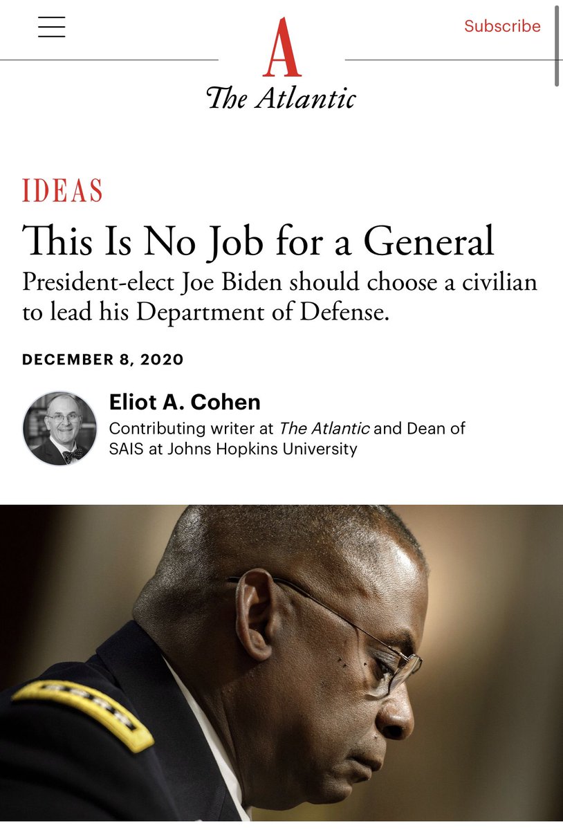 علي صعيد اخر، اختيار بايدن للجنرال اوستن مكلف سياسيا، لانه يستلزم الحصول علي استثناء تشريعي من مجلس الشيوخ لانه خرج من الخدمه منذ اربع سنوات، و بالتالي اقل من السبع سنوات المنصوص عليها قانونيا، مما اثار حاله جدل حول توازن العلاقات العسكريه المدنيه بسبب اللجوء لجنرال عسكري اخر.