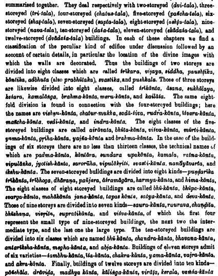 14) Vimana vidhana (classification of buildings based on storeys)The Manasara describes buildings in detail based on the number of storeys. From single to 12 storey buildings. Within each of these storeys, the buildings are further divided into different types. (18)