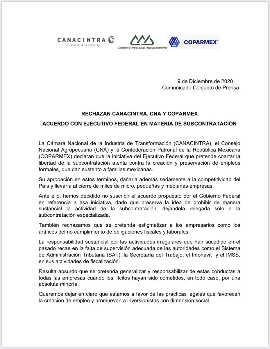 gdehoyoswalther's tweet photo. La @CANACINTRAMex, el @CNAgropecuario y la @Coparmex rechazamos cualquier acuerdo o iniciativa que prohiba la libertad de contratación laboral, atente contra la creación y preservación de empleos formales, y deteriore la competitividad de las empresas. #RegulaciónSíProhibiciónNo https://t.co/IxWXKtTVRF