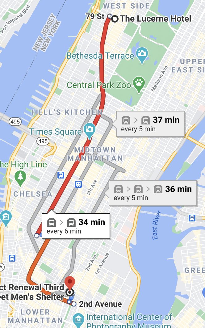 In the above, the city claims their decision was based on "closer access to medical care and more space for on site social services." If they mean being closer to Project Renewal's outpatient services, the attached maps show it's a matter of a 34 min subway ride vs a 23 min one.