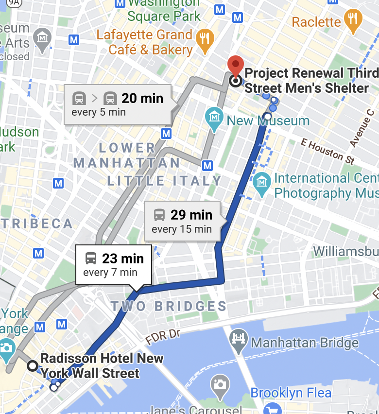 In the above, the city claims their decision was based on "closer access to medical care and more space for on site social services." If they mean being closer to Project Renewal's outpatient services, the attached maps show it's a matter of a 34 min subway ride vs a 23 min one.