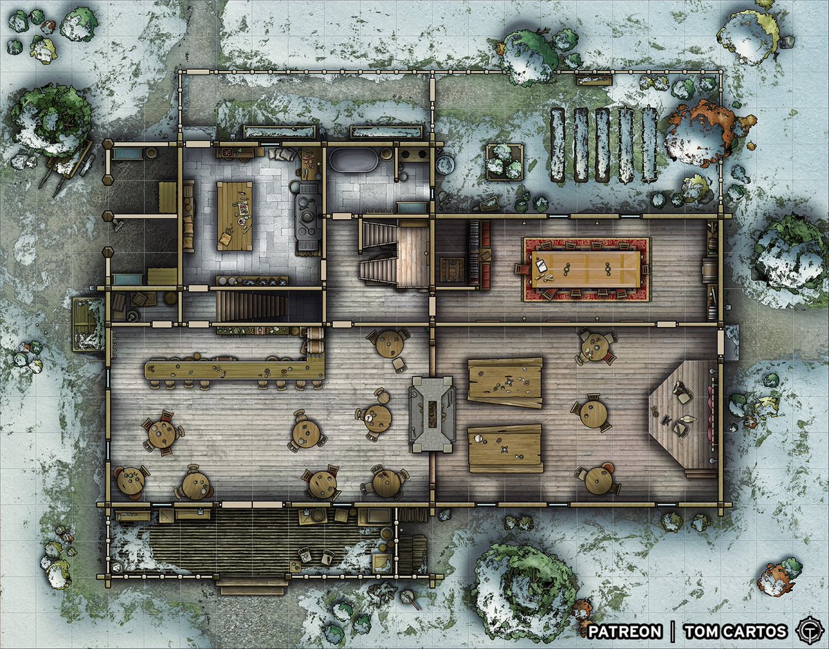 CartosTom's tweet photo. I am very excited to announce I have re-released my entire Ostenwold 'Starter Town' series as a Winter variant.
You can get all 14 locations &amp; the town map FREE here ready to drop into your campaign: https://t.co/L0oIHfQvKq

First up is the Sanguine Dawn Inn!

#DnD #TTRPG #snow https://t.co/imjjvquUcV