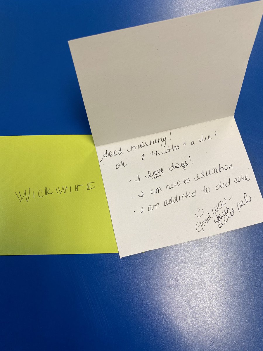 MrsWickwire2nd's tweet photo. Day 2 and Day 3 of Secret Pal. Yesterday was 2 truths a lie today a little treat to get through the week! Thank you Secret Pal for a pick-me-up this morning! Still trying to figure out who you are! #ViewMyPal @MrsLee_NKC @Crestview_NKC https://t.co/k9yGeguXN5