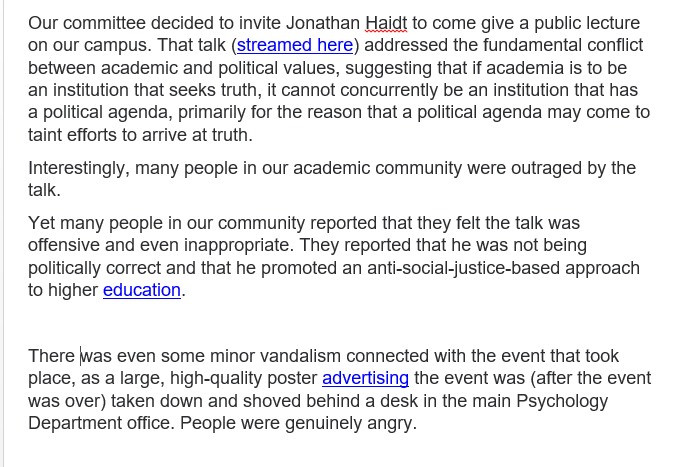 The reaction to a talk at his university by  @JonHaidt proved revelatory. It's almost as if those who met the talk w/outrage gifted a case study in the religiosity of their ideology & its dueling claims of the Sacrosanct vs the Profane.2/n