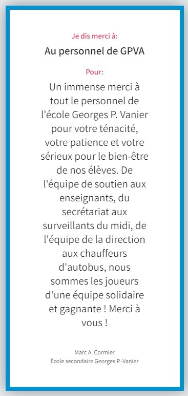 ES_GPVA's tweet photo. Le coin des remerciements : nos remerciements en cette année scolaire 2020-2021 #gpva #merci #remerciements @monsieurcormier @ES_GPVA @CSViamonde https://t.co/yIV07rQPtx https://t.co/adwCWS2iIg