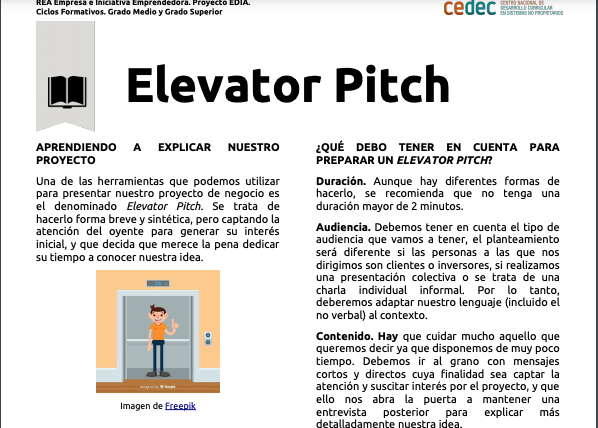 CeDeC_intef's tweet photo. Último bloque de los #REA del #proyectoEDIA para Empresa e Iniciativa Emprendedora #EIE: El plan de empresa y su comunicación a través del #ElevatorPitch ➡️https://t.co/PonWJgpFAu #FOL https://t.co/BXlK97gWfw
