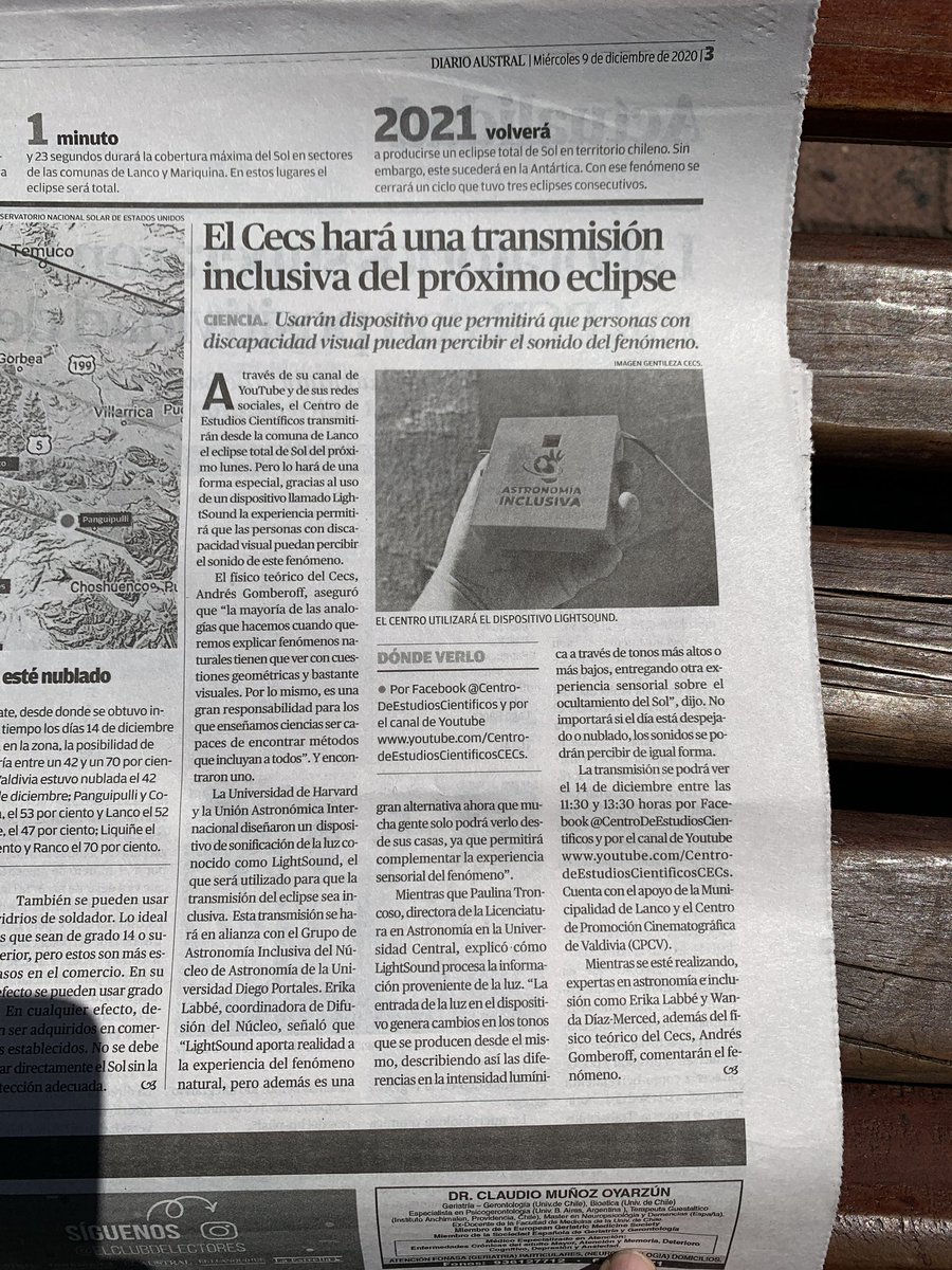 astro_inclusiva's tweet photo. Salimos en el diario @austral_losrios 🤩
Y Don Ismael Morales, persona con discapacidad visual que nos vendió el diario, estaba muy contento de saber que este año podrá #Escuchar el #eclipse 😍
#EclipseInclusivo #Eclipse2020
Organizan @CECs_cl y @astro_inclusiva https://t.co/AMlVDyP7Dw