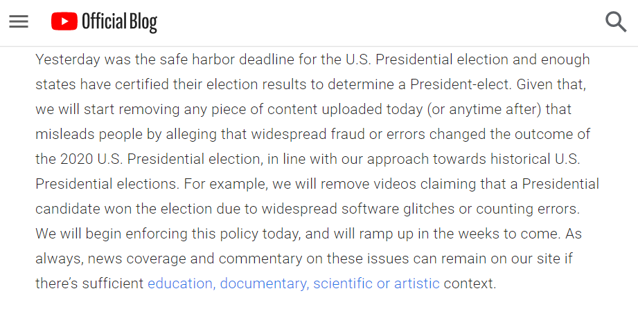 JackPosobiec's tweet image. BREAKING: YouTube announces they will remove videos critical of the 2020 election, will promote corporate content only