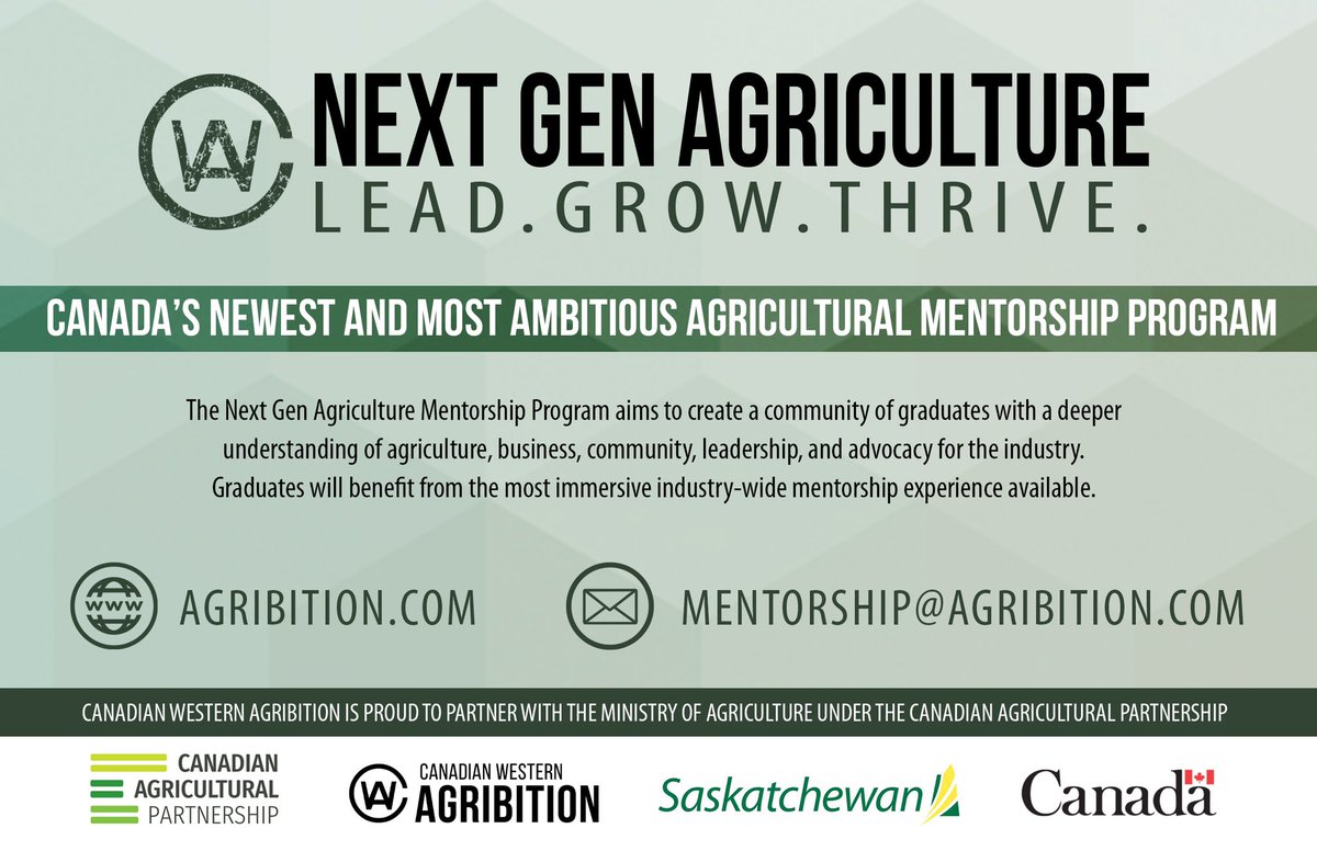 Agribition's tweet photo. Applications are now open for the next round of the Next Gen Agriculture Mentorship Program! Make connections and learn from the best in the industry. Visit https://t.co/L6aVsjHCzX for more info!
#CdnAg
#CdnAgPartnership
@SKAgriculture
@AAFC_Canada https://t.co/x3lHJEPPAg