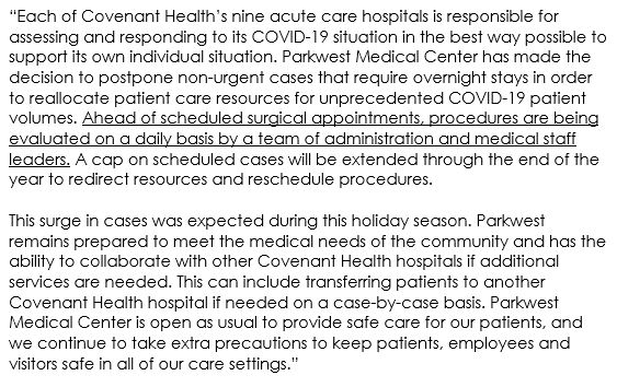 NEW:  @Parkwest Medical Center "has made the decision to postpone non-urgent cases that require overnight stays in order to reallocate patient care resources for unprecedented COVID-19 patient volumes.”Full statement to  #WBIR: