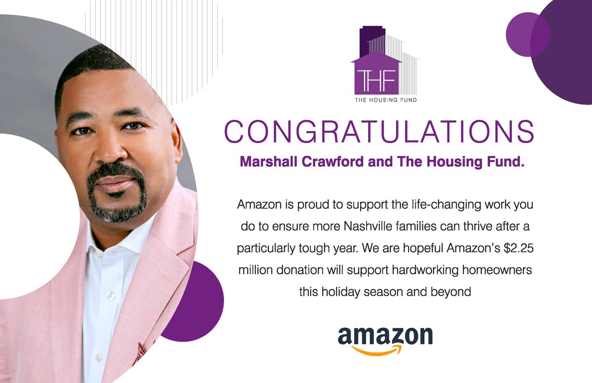 k2forma's tweet image. Congratulations to our client @TheHousingFund  and Marshall Crawford for being named one of the Most Admired CEOs in Middle TN by @Nashvillebiz as well as the introduction of The Housing Resiliency Fund, created through a $2.25 million donation from @Amazon.