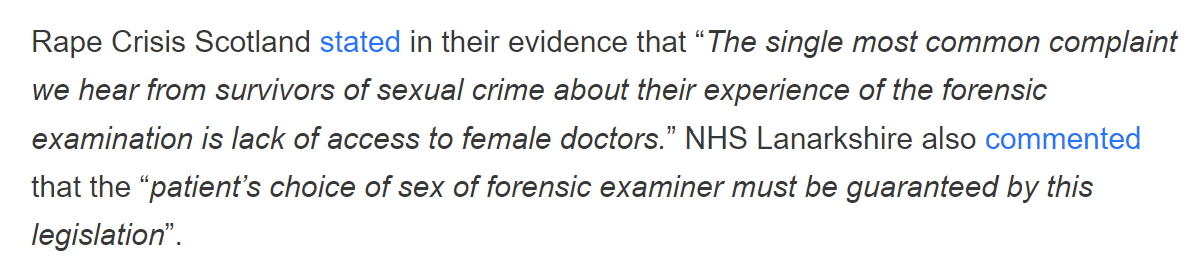 Rape Crisis Scotland provided the following evidence during the creation of the Bill, emphasising the need for women to be able to access a female FME. NHS Lanarkshire want this guaranteed! Hooray! 10/  #SexNotGender  #SixWords