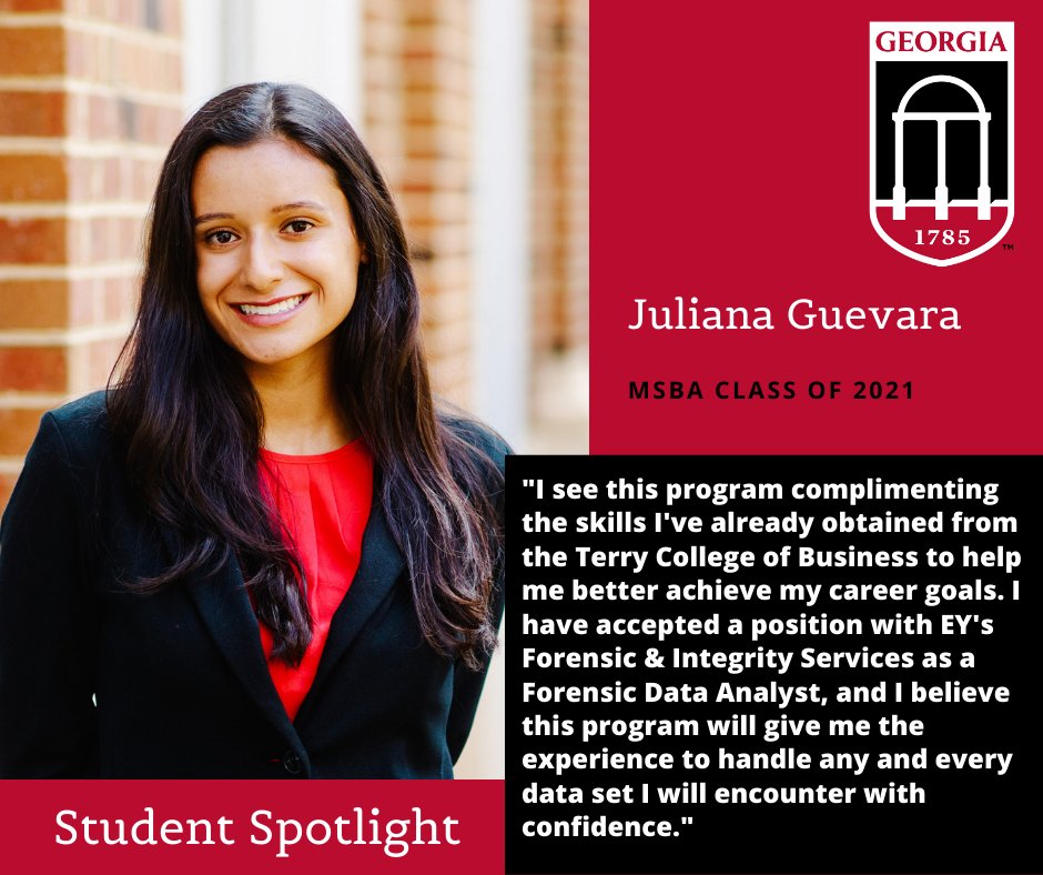 Georgianalytics's tweet photo. Student Spotlight: Juliana Guevara is an MIS-International Business/MSBA double dawg candidate. Juliana joined the #MSBA program to "stay ahead of the curve in a fast-moving, data-driven world
#GeorgiaAnalytics #terrycollegeofbusiness #EY#businessanalytics #dataanalyst https://t.co/OTRNAtnZnc