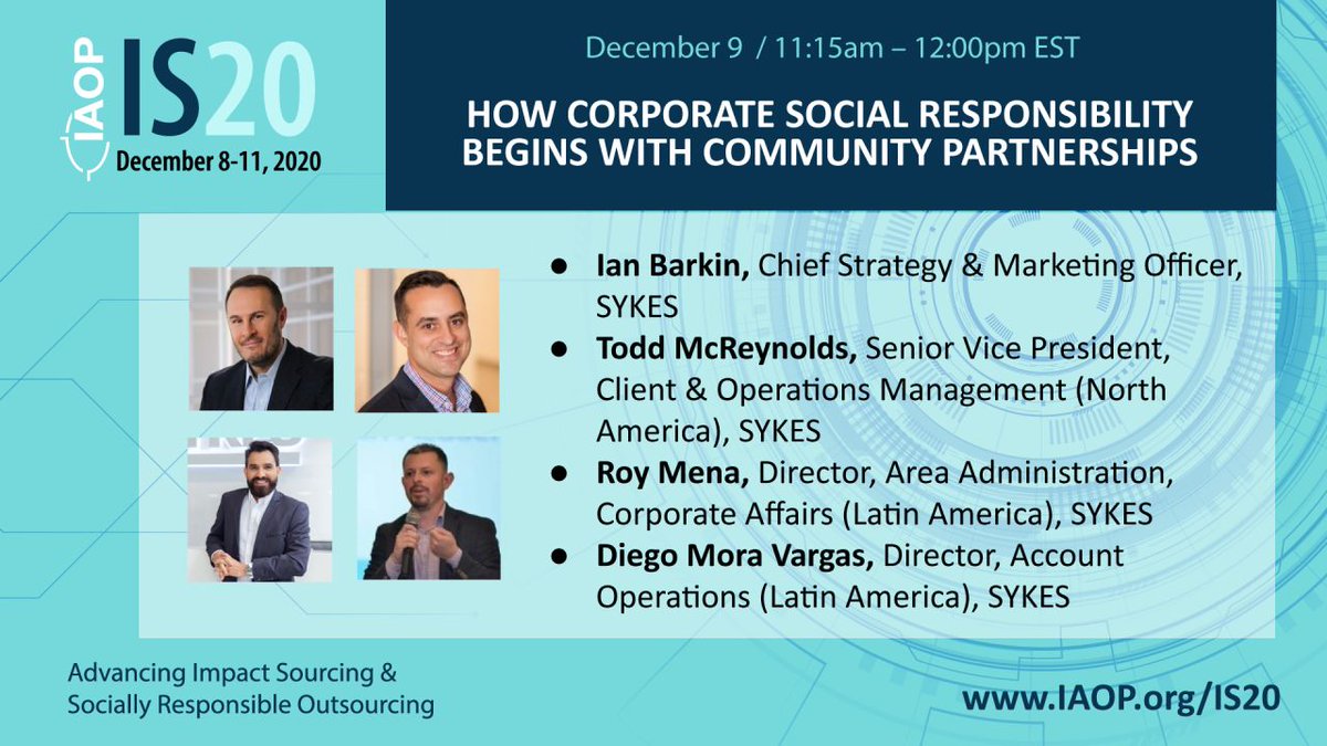 SYKES_Global's tweet photo. Corporate social responsibility's full potential is realized when entire communities reap the benefits of a corporation’s efforts.

In 1⃣ hour,  join SYKES leaders at @IAOP #IS20 to learn how #impactsourcing reaches far outside company walls.

https://t.co/JPfoWHcdJO

#CSR  #SRO https://t.co/gtnti1e0Sa