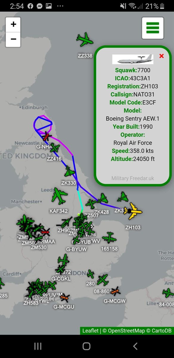 freedar_uk's tweet photo. @8Squadron #E3CF #ZH103 squawking 7700, now going out over #northsea
@RAFWaddington @RoyalAirForce 

@air_intel @AirAssets @planesonthenet https://t.co/ltGpGOdVO4