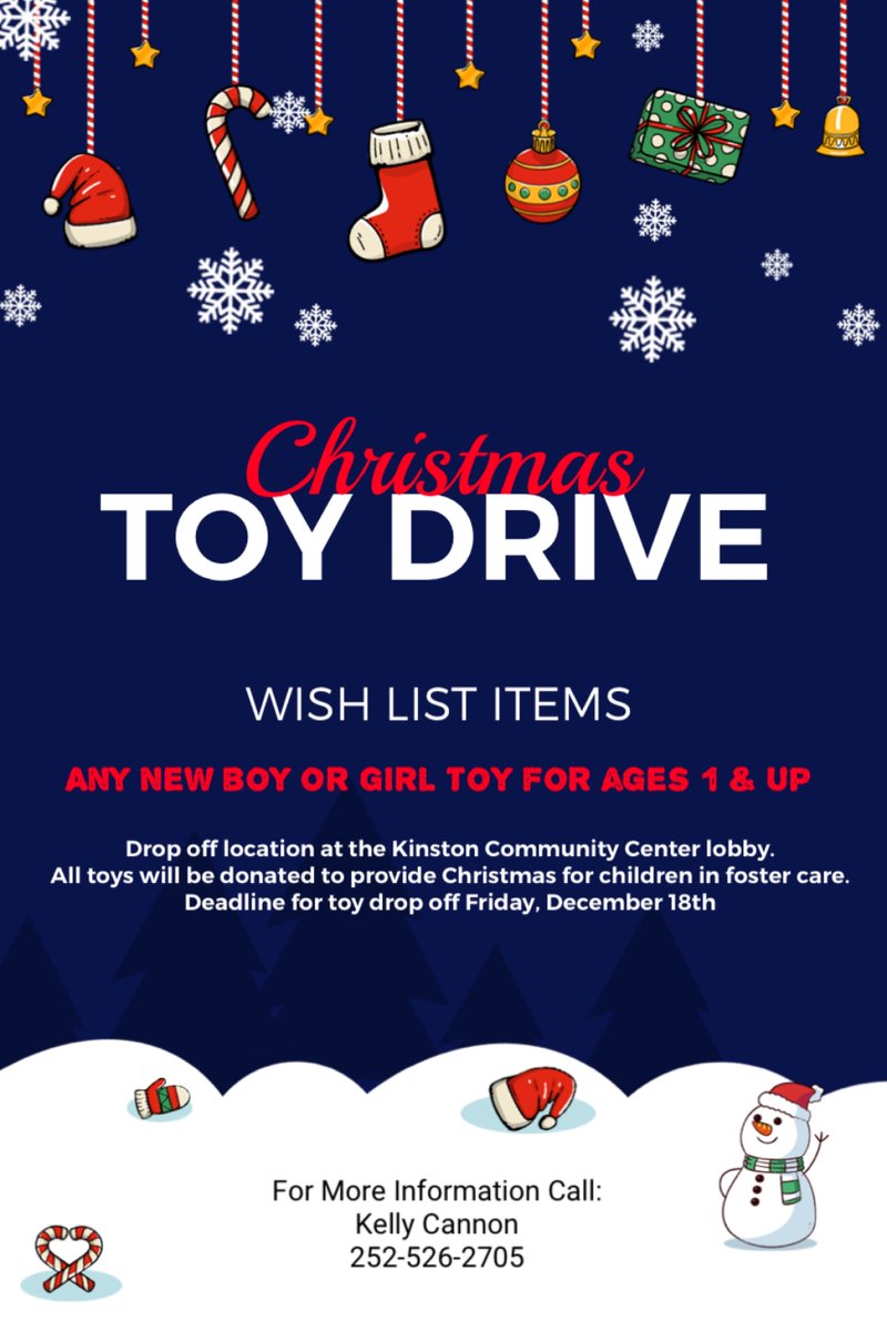 KinstonCommCtr's tweet photo. Are you looking for a way to give back this holiday season?  Drop off a toy in the KCC lobby to help make an extra jolly Christmas for some local children! #friendshelpingfriends #christmascheer https://t.co/UfLDVCVY0s