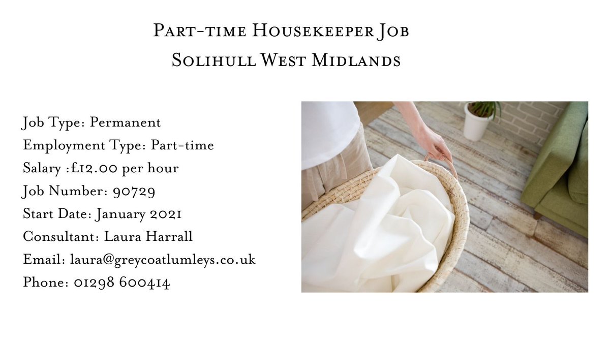 This is a hands on role for a Housekeeper who can run a busy family home for 2 working parents so that they can spend time with their children after work rather than doing the housework!
Click here for more details ow.ly/41Z750CGNkx 
#housekeeperjobs #parttimejobs
