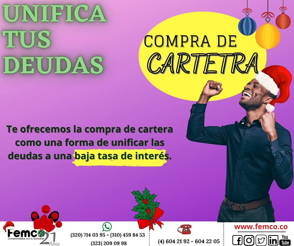 fondo_femco on Twitter: "Termina el año unificando tus 👌. . La compra de cartera la mejor forma de unificar tus deudas y con muy baja tasa de interés. Beneficios por