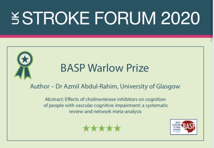 The @british_stroke Warlow Prize is awarded to Dr. Azmil Abdul-Rahim from @UofGlasgow for the abstract: ‘Effects of cholinesterase inhibitors on cognition of people with vascular cognitive impairment’. Congratulations 👏 #UKSF20