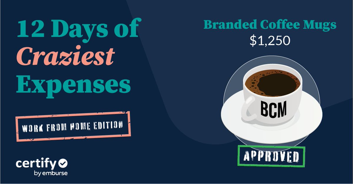 emburse's tweet photo. On the 1st business day of #Expensemas my employees sent to me, branded coffee mugs charge for $1,250. Check out the rest of our craziest expenses: WFH edition! 

https://t.co/N1eA2VGpXv https://t.co/cXKA9APeNR