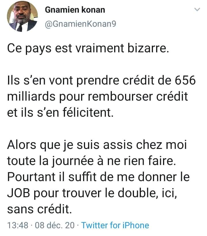 AurelienSerges's tweet photo. @GnamienKonan9 lâche une bombe contre le régime de monsieur @AOuattara_PRCI 

On ne prend pas crédit pour payer crédit comme le dit un adage populaire de chez nous en @CIV225 https://t.co/c7TsYMgIF4