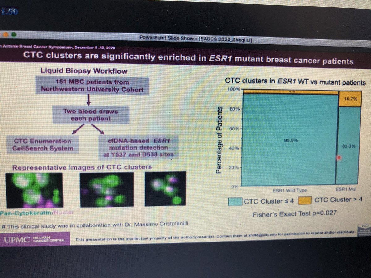 Dr. Li: Prelim analysis, esr1 mutations associated with ctc clusters. -Potential pharmacological inhibitors that dissociate ctc clusters -maybe along side a new class of serds w efficacy in esr1 mutations? Looking forward to presentations re these serds #SABCS20 @MCristofanill