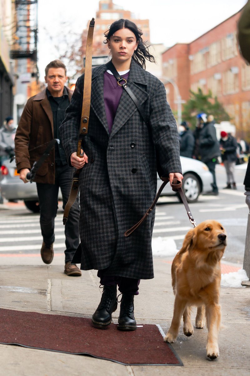 CultureSlate's tweet photo. Jeremy Renner and Hailee Steinfield seen on the set of #Hawkeye in NYC. Check out these awesome photos! Are you excited to see #KateBishop  on Disney+? https://t.co/7K6PS2Ym0v
