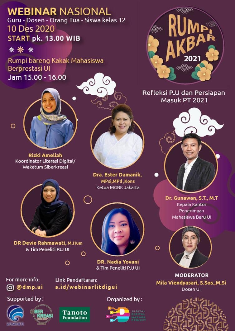 digitalmakara's tweet image. DMP bersama Kementrian Komunikasi dan Informatika dan Tanoto Foundation

Mempersembahkan
[RUMPI AKBAR  NASIONAL]
Siap Masuk Perguruan Tinggi 2021 dan Kilas Balik PJJ

Langsung aja untuk kalian para Camaba UI 2021 yang kepo untuk mendaftar di link bio kita ya!!😍😍