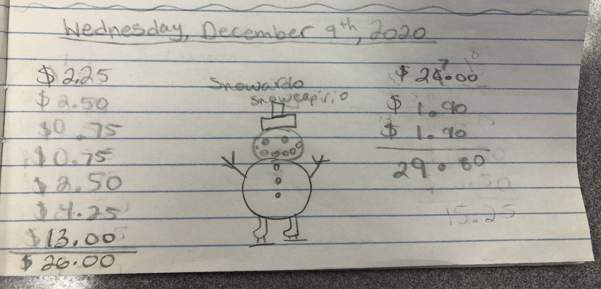 PJIteacher's tweet photo. This morning’s “Breakfast for the Brain” had the Ss calculating & creating! ☃️💰 @CRBPS #financialliteracy #juniormath #breakfastforthebrain https://t.co/YtqDN7Wv4k