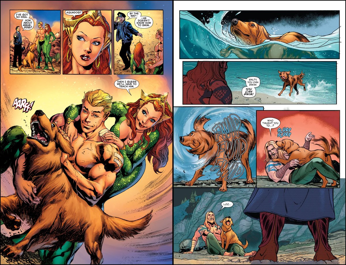 Salty learns to swim! Its the little touches like picking up on this leftover nugget from The New 52 that demonstrated the All-New creative team's commitment to keep Arthur grounded in his humanity as opposed to being burdened by his royalty. 