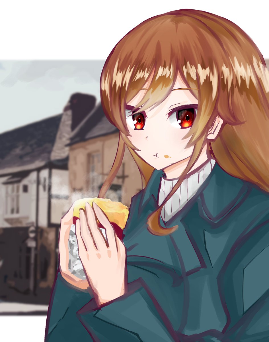 1girl food solo red eyes eating brown hair long hair  illustration images