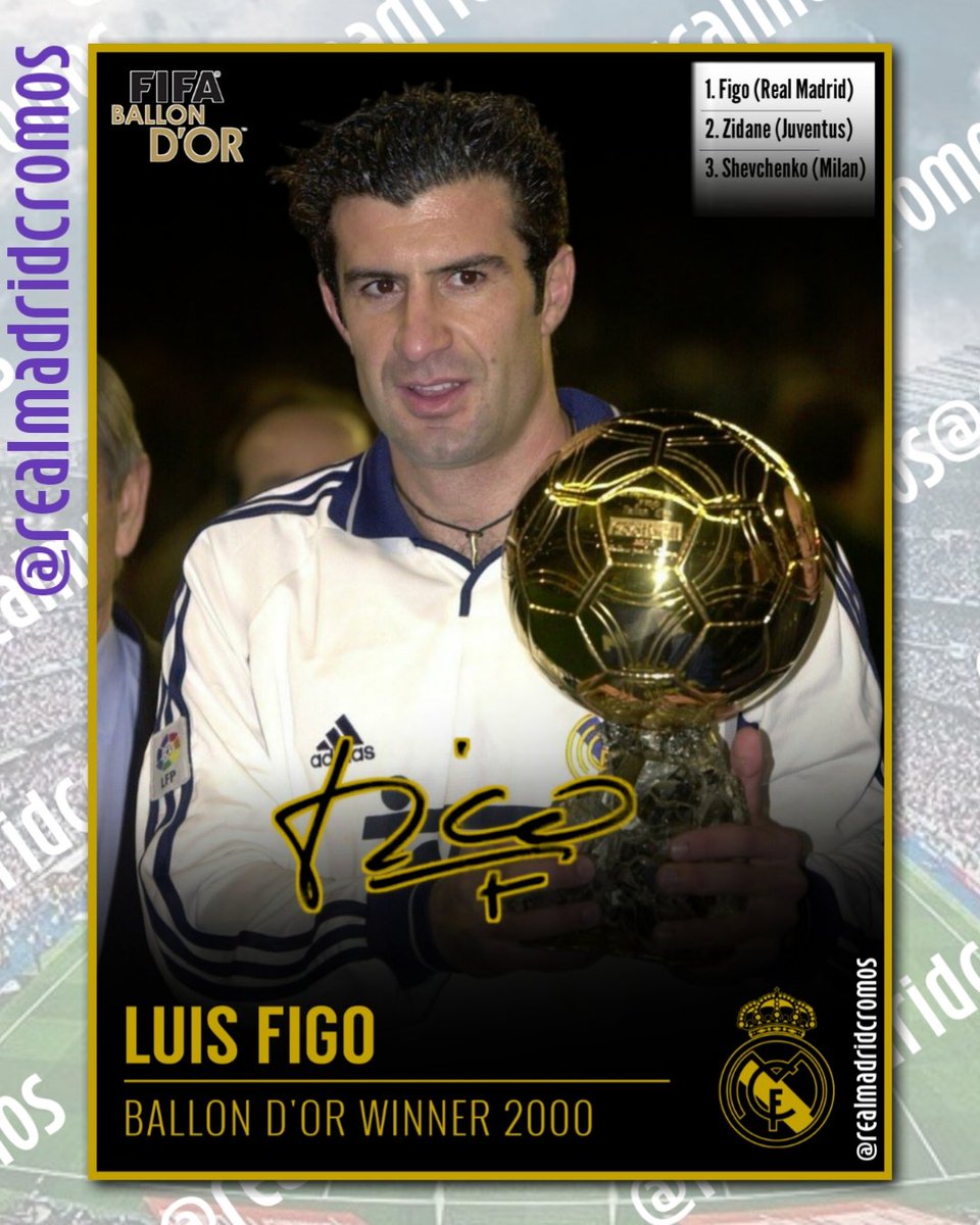 rmadridcromos's tweet photo. Colección FIFA BALLON D'OR.
@LuisFigo fue el primer fichaje de Florentino Pérez como presidente del @realmadrid
Llegó en julio del 2000 y a final de año ganó el Balón de Oro @francefootball por delante de Zidane y @jksheva7
#Figo #balondeoro #miscromos #RealMadrid https://t.co/5Es0HWU1mq