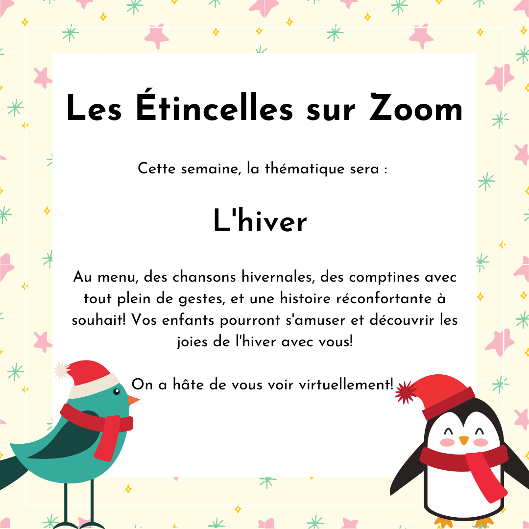 MCLBJM's tweet photo. La prochaine animation des Étincelles sur Zoom est ce samedi 12 décembre 🤗
#songs #chansons #comptines #nurseryrhymes #libraries #bibliotheque #families #familles https://t.co/SHeZZke7qB