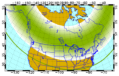 Watching and waiting now for our solar storm.

I think we'll have to get real lucky to see aurora this far south, but here is the typical Kp=7 map across the United States. Locations in green have a shot at seeing aurora to the north when the planetary K-index increases.