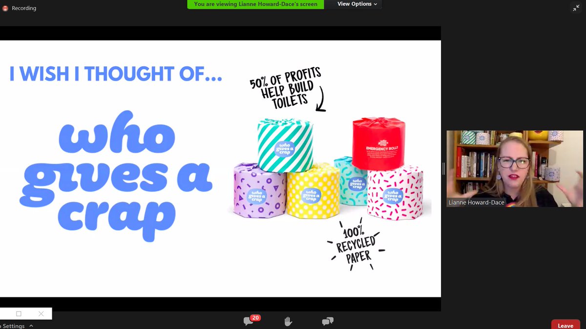 Now  @LianneHD on Who Gives A Crap the social enterprise making sustainable loo rolls, pictured behind her, and the amazing email journey they put her on earlier this year!Made potentially boring comms (eg receipt, shipping status) fun!Also have a subscription model! #IWITOT