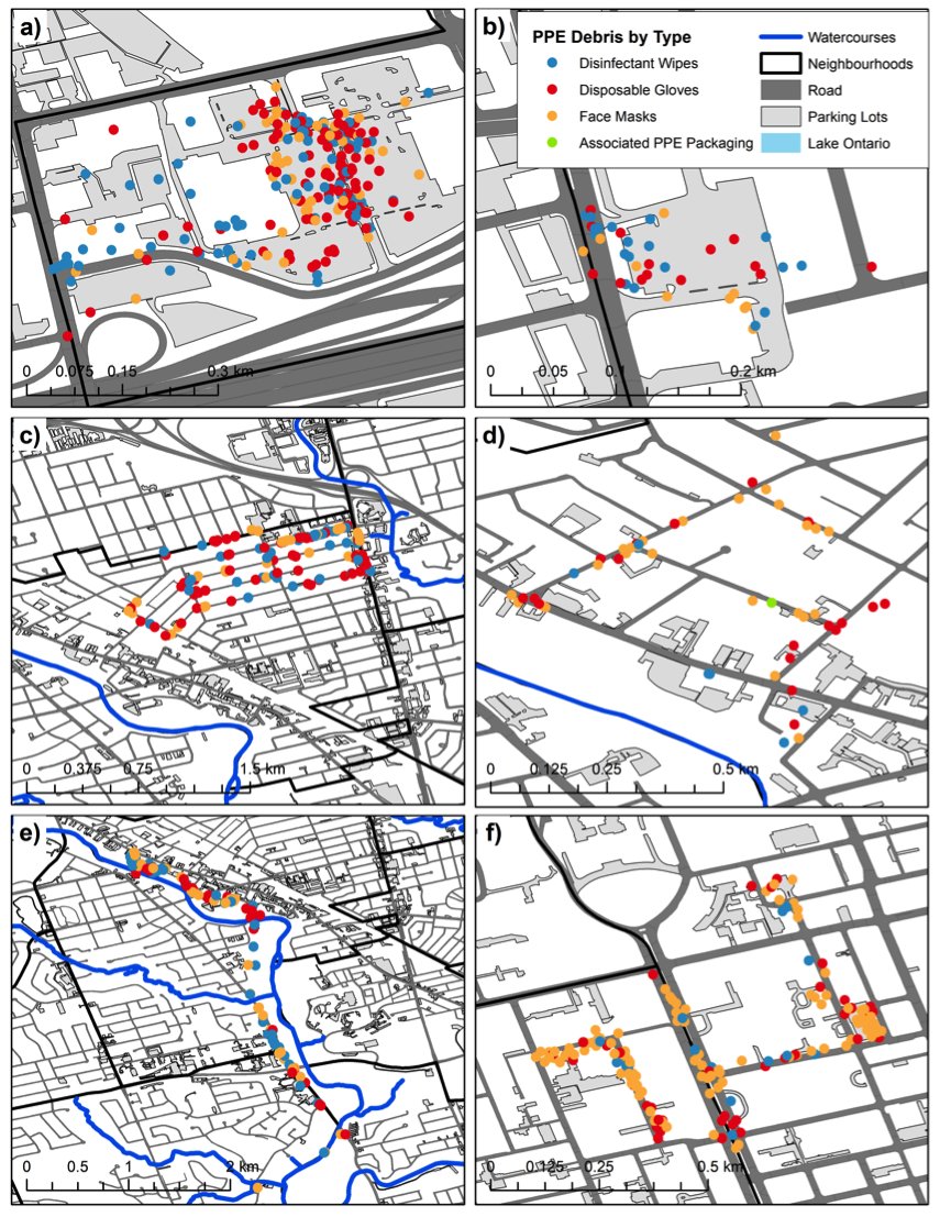  @AmyLBrooks90 the geospatial rockstar made these amazing maps outlining the distribution of  #PPE. In a matter of 5 weeks between 2 people we found 1,300 discarded items in a slice of  #Toronto. Our  #plasticpollution landscape is changing to include an influx of COVID-19 debris.