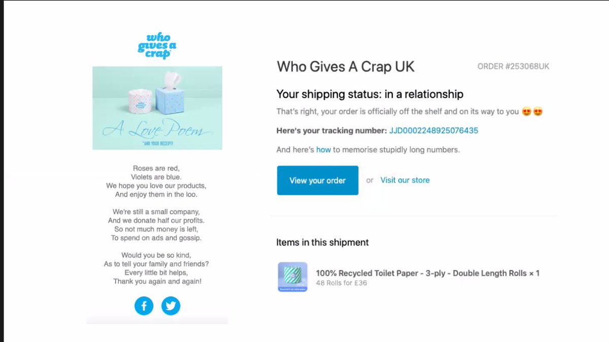 Now  @LianneHD on Who Gives A Crap the social enterprise making sustainable loo rolls, pictured behind her, and the amazing email journey they put her on earlier this year!Made potentially boring comms (eg receipt, shipping status) fun!Also have a subscription model! #IWITOT