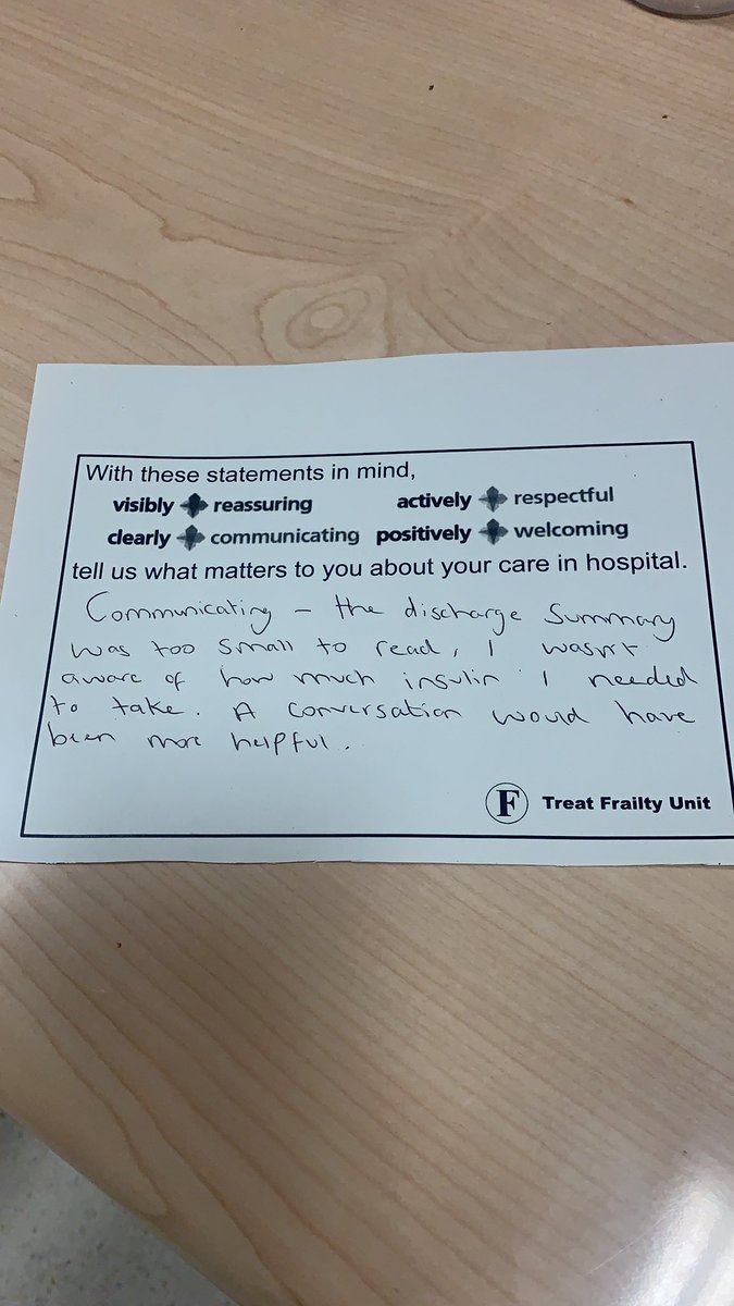 We are starting to collect some patient feedback to drive the change ideas for our frailty unit. It got me wondering how many of our frail patients can actually read their discharge summaries....currently looking into adaptations <a href="/RFTherapyTeam/">RFTherapyServices</a> @Muc1Rf <a href="/AcuteFrailty/">Acute Frailty Network</a> <a href="/RoyalFreeNHS/">Royal Free London</a>